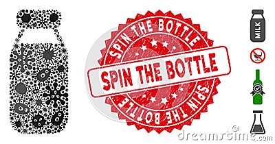 Biohazard Collage Bottle Icon with Grunge Round Spin the Bottle Stamp Vector Illustration