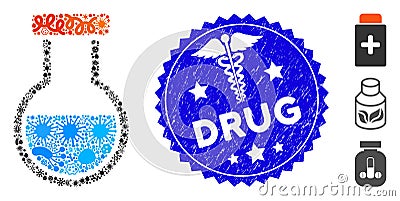 Outbreak Mosaic Phial Icon with Serpents Scratched Drug Seal Vector Illustration
