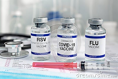 Flu, RSV and Sars-cov-2 Coronavirus vaccine vials in the medical clinic Stock Photo