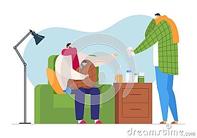 Flu sick character at family home, vector illustration. Man care about ill child with cold, healthcare by medicine pills Vector Illustration