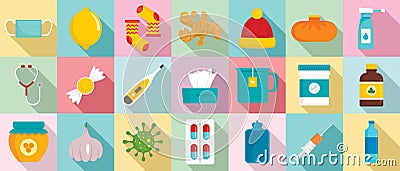 Flu sick icon set, flat style Vector Illustration