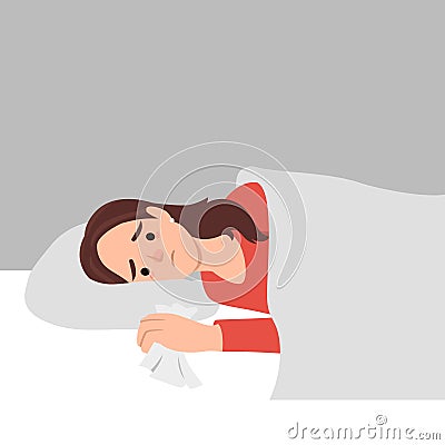 Flu sick woman lying in bed under blanket with sleeping red cat. Young girl have autumn or winter seasonal cold respiratory Vector Illustration