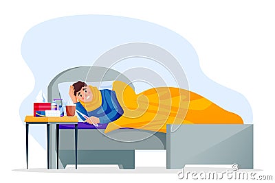 Flu sick young man lying in bed under blanket. Boy have autumn or winter seasonal cold infection. Vector illustration Vector Illustration