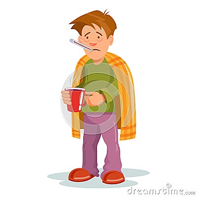 Flu sickness. Sick person having cold. Ill man headache. Medicine for the disease. Flu illness person. Ð¡artoon sick man. Vector Illustration