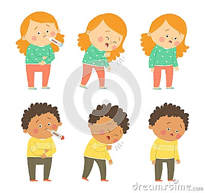 Flu symptoms fever, cough, tiredness. Cute african american boy and caucasian girl. Cartoon vector hand drawn eps 10 Vector Illustration