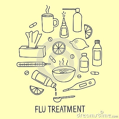 Flu treatment doodle elements set Stock Photo