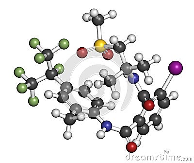 flubendiamide insecticide molecule ryanoid class. 3D rendering. Atoms are represented as spheres with conventional color coding. Stock Photo