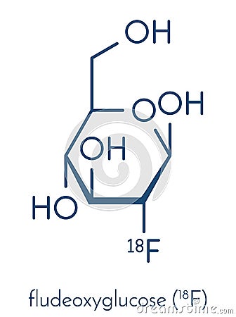 Fludeoxyglucose 18F fluorodeoxyglucose 18F, FDG cancer imaging diagnostic drug molecule. Contains radioactive isotope fluorine-. Vector Illustration