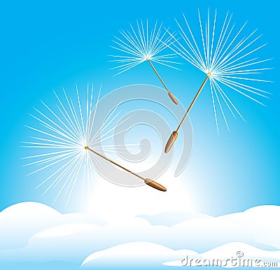 Fluff of dandelion on the cloudscape Vector Illustration