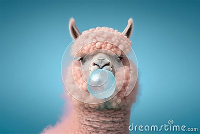 Fluffy adorable lama blowing bubblegum. Generative ai Stock Photo