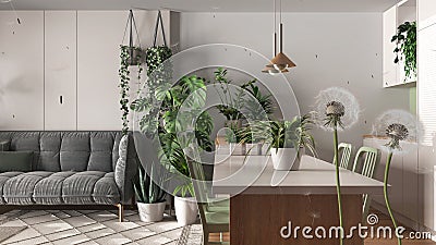 Fluffy airy dandelion with blowing seeds spores over cosy sustainable dining and living room with houseplants. Interior design Stock Photo