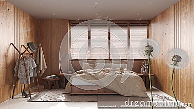 Fluffy airy dandelion with blowing seeds spores over minimal wooden bedroom with double bed. Interior design idea. Change, growth Stock Photo