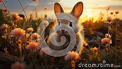 Fluffy baby rabbit sits in meadow, enjoying springtime generated by AI Stock Photo