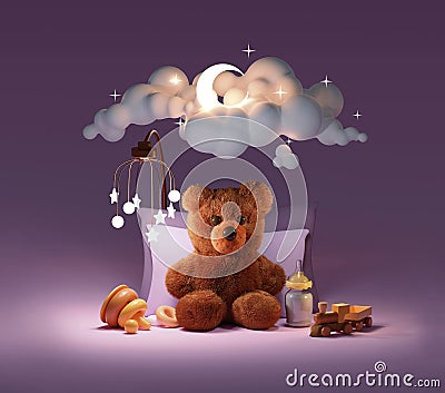 Fluffy baby teddy bear sleeping under the moon and stars Cartoon Illustration