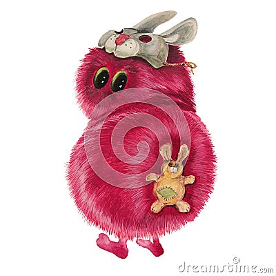 Fluffy ball, funny monster in a bunny mask, watercolor painting Stock Photo
