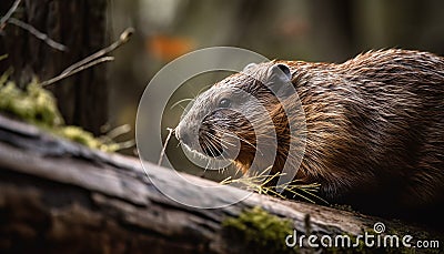 Fluffy beaver eating nutria on wet grass generated by AI Stock Photo