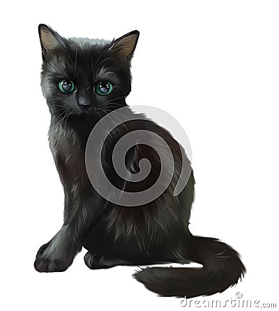 Fluffy black cat. Watercolor drawing Stock Photo