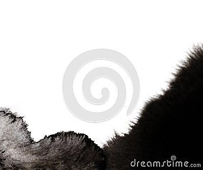 Fluffy and blurred splashes of black paint of various intensity. Black shapeless stain on white background. Abstract Cartoon Illustration