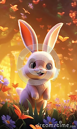 Fluffy Bunny Amidst Blooming Beauty: A Colorful Meadow Cartoon Illustration