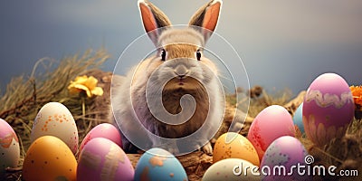 Fluffy bunny with colored easter eggs, nature background Stock Photo