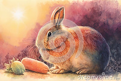 A fluffy bunny nibbling on a carrot, with a watercolor background a sunny day Generative AI Stock Photo