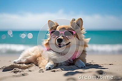 Fluffy Canine Enjoying Sun and Waves, generative AI Stock Photo