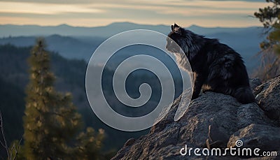 Fluffy canine sitting on mountain cliff, looking at tranquil landscape generated by AI Stock Photo