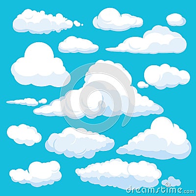 Fluffy cartoon clouds. Shine sky weather illustration panorama clean vector set isolated Vector Illustration