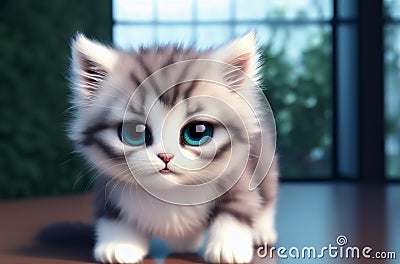 Fluffy cat with big cute eyes. Charming puss with disheveled fur. Generative AI. Stock Photo