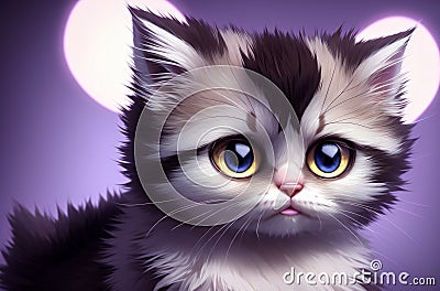 Fluffy cat with big cute eyes. Charming puss with disheveled fur. Generative AI. Stock Photo