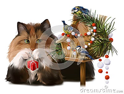 Fluffy cat and chickadees decorate the house Stock Photo