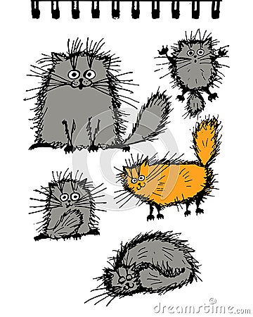 Fluffy cats collection, sketch for your design Vector Illustration