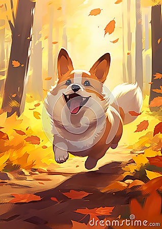 Fluffy Corgi in a Golden Forest: A Perfect October Adventure Stock Photo