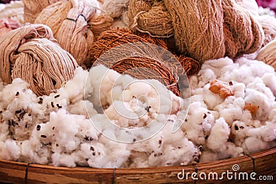 Fluffy cottons and thread in wood tray Stock Photo