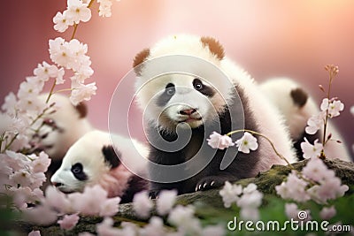 Fluffy Cute baby panda flowers. Generate Ai Stock Photo