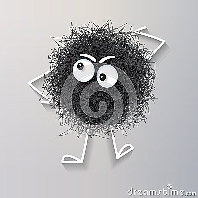 Fluffy cute black spherical creature thinking Vector Illustration