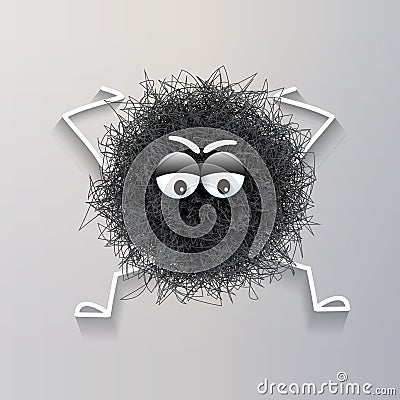 Fluffy cute black spherical creature thinking and stressed Vector Illustration