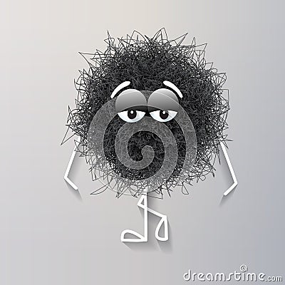Fluffy cute black spherical creature thinking and stressed Vector Illustration