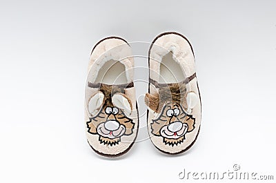 Fluffy cute kids slippers Stock Photo