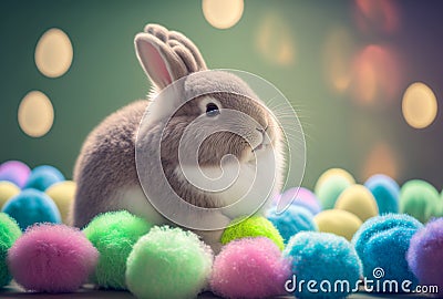 Fluffy cute rabbit on pastel blurred background. Easter holiday concept. Stock Photo
