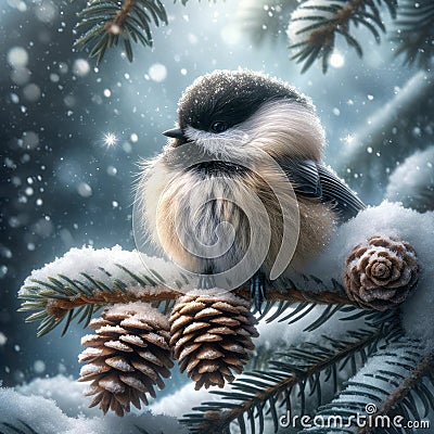 A Fluffy Cute Single Mountain Chickadee Perched on a Tree Branch during Winter AI Generated Stock Photo