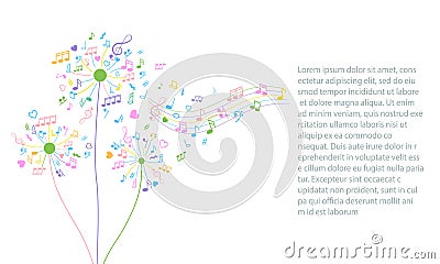 Fluffy dandelions in the form of notes, musical signs and treble clefs. love for music Vector Illustration