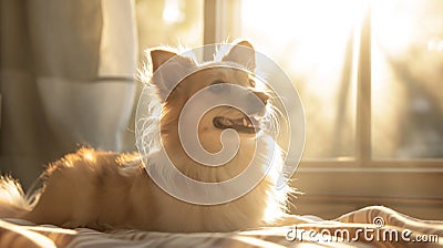 Fluffy dog basking in the warm sunlight by the window, smiling contentedly Cartoon Illustration