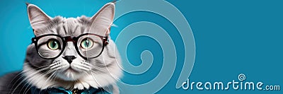 fluffy domestic gray cat with glasses, vision check, ophthalmology salon, veterinary clinic, blue background, Stock Photo