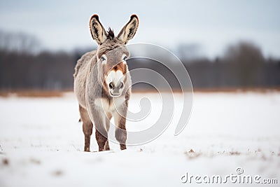 fluffy-eared donkey in a snow-dusted pasture looking keen Stock Photo