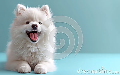Fluffy elegance on display, this white spitz embodies grace in a tranquil setting, copy space Stock Photo