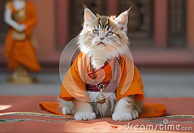 A fluffy Feline Furry Buddhist monk cat Stock Photo