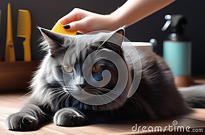 fluffy gray cat being brushed Stock Photo