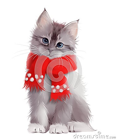 Fluffy grey kitten in red scarf. Watercolor drawing Stock Photo