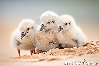 fluffy gull chicks huddled together on a beach dune Stock Photo